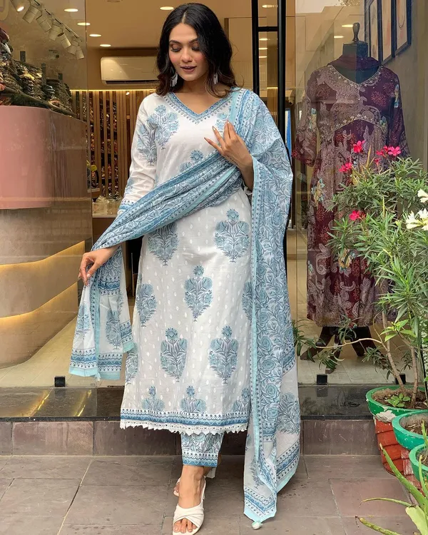 White_Pure_Cotton_Kurti_Pant_Dupatta_Set_For_Women
