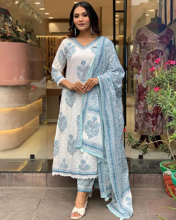 White_Pure_Cotton_Kurti_Pant_Dupatta_Set_For_Women