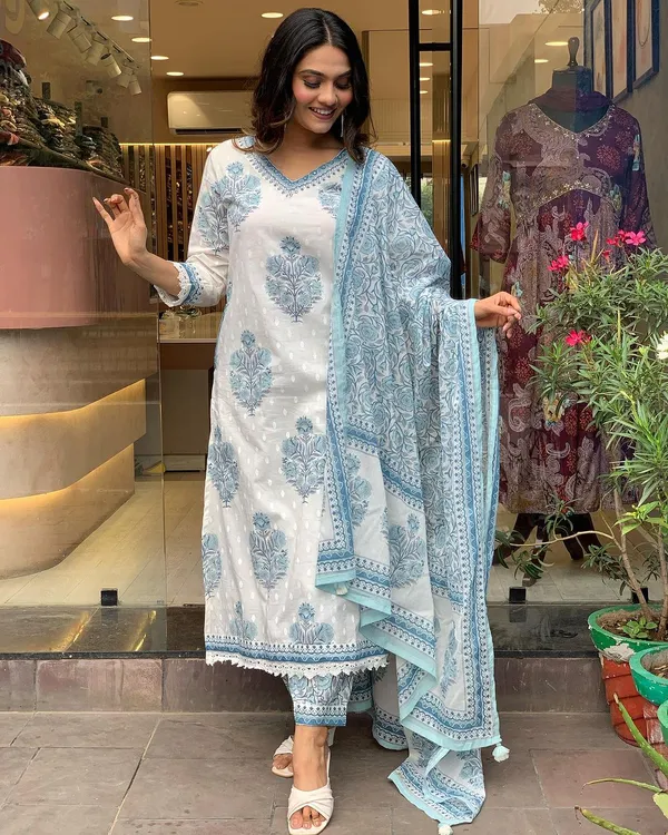White_Pure_Cotton_Kurti_Pant_Dupatta_Set_For_Women