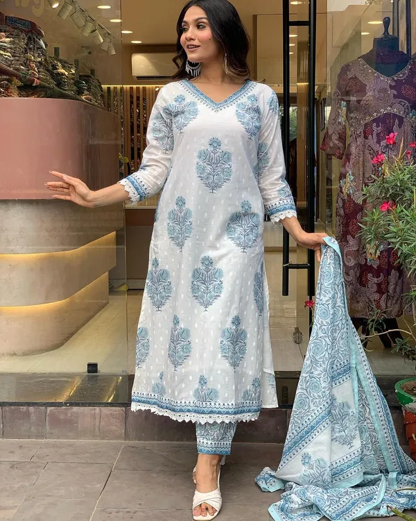 White_Pure_Cotton_Kurti_Pant_Dupatta_Set_For_Women