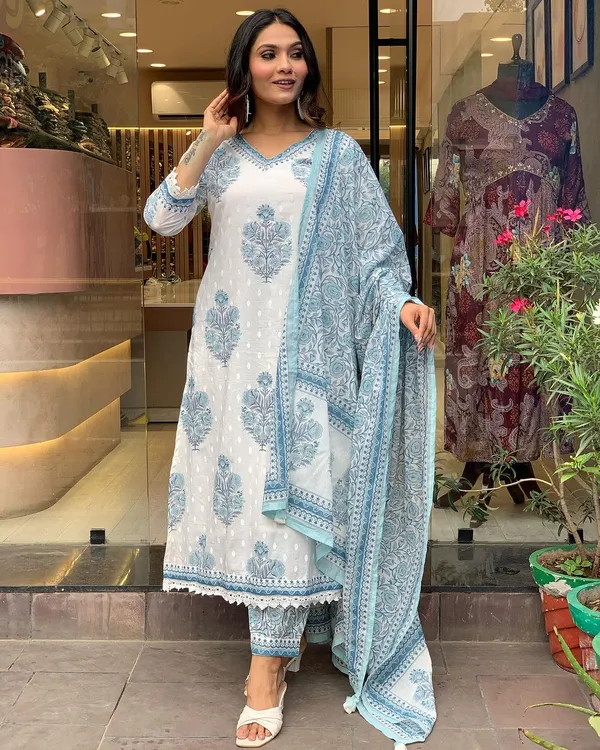 White_Pure_Cotton_Kurti_Pant_Dupatta_Set_For_Women