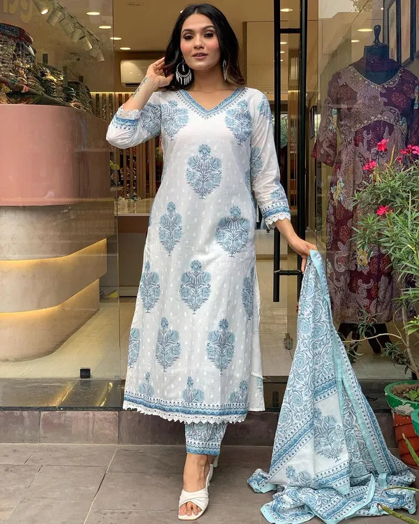White_Pure_Cotton_Kurti_Pant_Dupatta_Set_For_Women