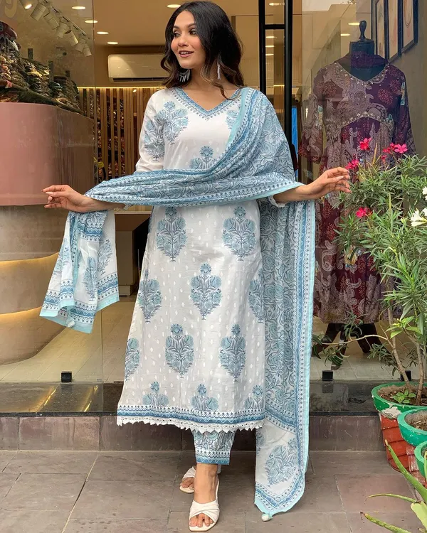 White_Pure_Cotton_Kurti_Pant_Dupatta_Set_For_Women