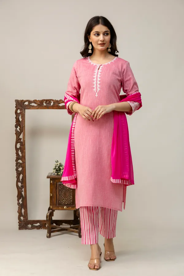 Rani_Color_South_Cotton_Kurti_and_Pant_with_Dupatta_For_Women_&_Girls