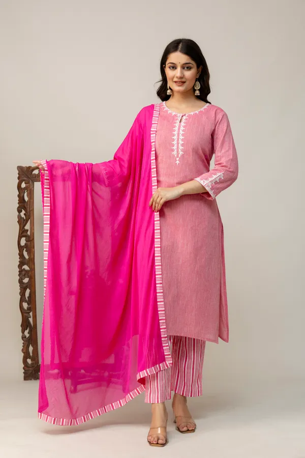 Rani_Color_South_Cotton_Kurti_and_Pant_with_Dupatta_For_Women_&_Girls
