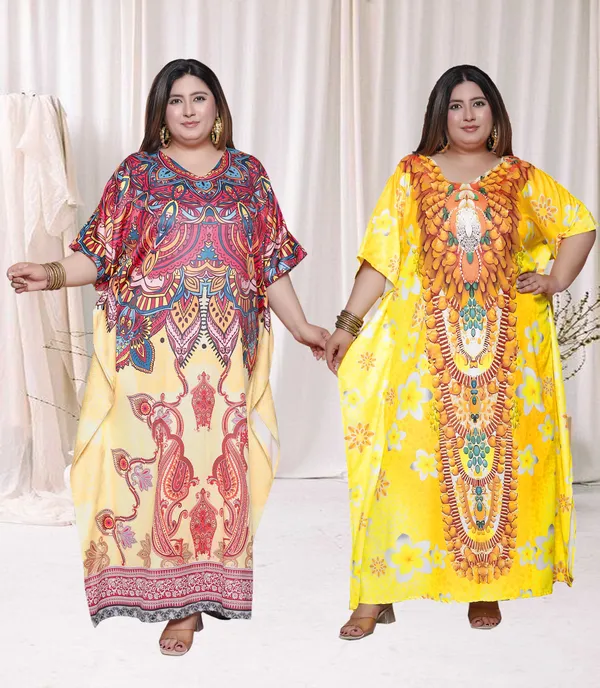 (Pack_of_2)Multicolor_(Cotton-Satin)_Flared_Sleeves_Kaftan_V-Neck_Maxi_Ethnic_Dresses