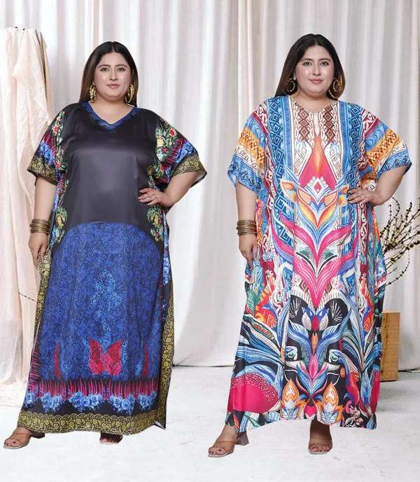 (Pack_of_2)Multicolor_(Cotton-Satin)_Flared_Sleeves_Kaftan_V-Neck_Maxi_Ethnic_Dresses