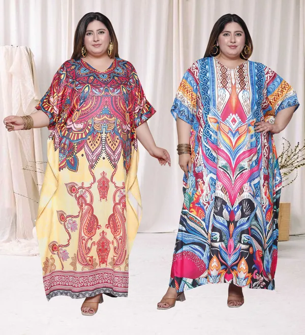 (Pack_of_2)Multicolor_(Cotton-Satin)_Flared_Sleeves_Kaftan_V-Neck_Maxi_Ethnic_Dresses