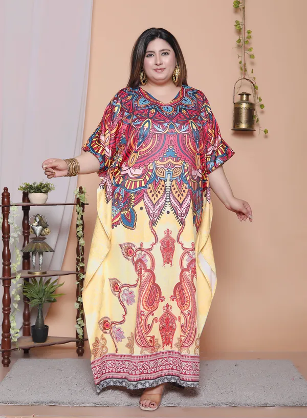 (Pack_of_2)Multicolor_(Cotton-Satin)_Flared_Sleeves_Kaftan_V-Neck_Maxi_Ethnic_Dresses