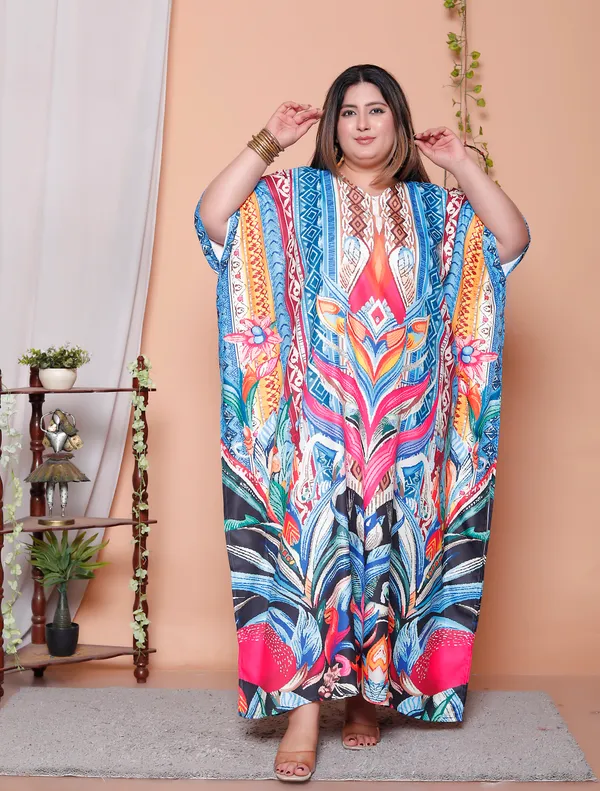 Multicolor_Cotton-Satin_Flared_Sleeves_Kaftan_V-Neck_Maxi_Ethnic_Dresses