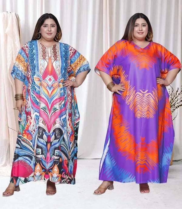 (Pack_of_2)Multicolor_(Cotton-Satin)_Flared_Sleeves_Kaftan_V-Neck_Maxi_Ethnic_Dresses