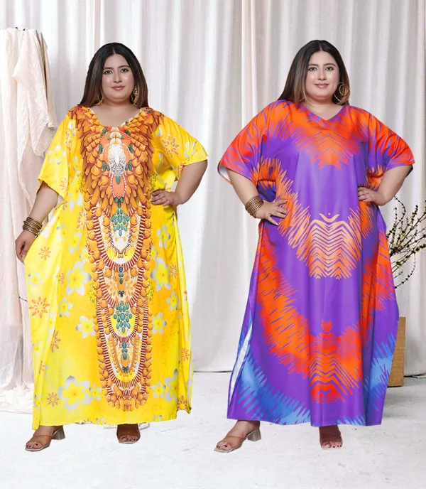 (Pack_of_2)Multicolor_(Cotton-Satin)_Flared_Sleeves_Kaftan_V-Neck_Maxi_Ethnic_Dresses