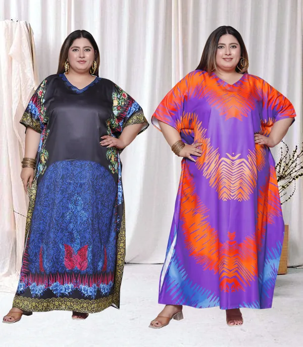 (Pack_of_2)Multicolor_(Cotton-Satin)_Flared_Sleeves_Kaftan_V-Neck_Maxi_Ethnic_Dresses