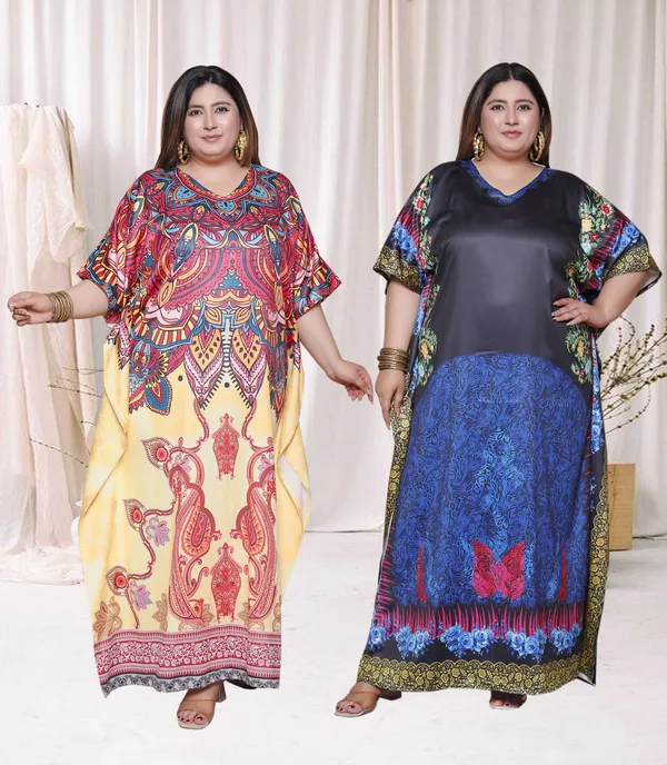 (Pack_of_2)Multicolor_(Cotton-Satin)_Flared_Sleeves_Kaftan_V-Neck_Maxi_Ethnic_Dresses