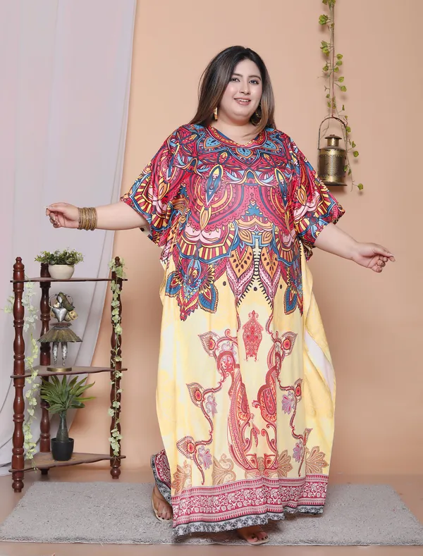 (Pack_of_2)Multicolor_(Cotton-Satin)_Flared_Sleeves_Kaftan_V-Neck_Maxi_Ethnic_Dresses