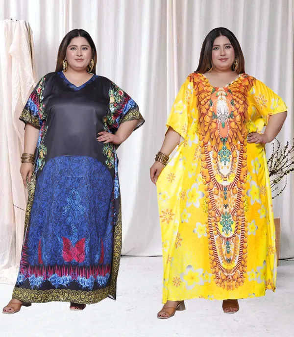 (Pack_of_2)Multicolor_(Cotton-Satin)_Flared_Sleeves_Kaftan_V-Neck_Maxi_Ethnic_Dresses