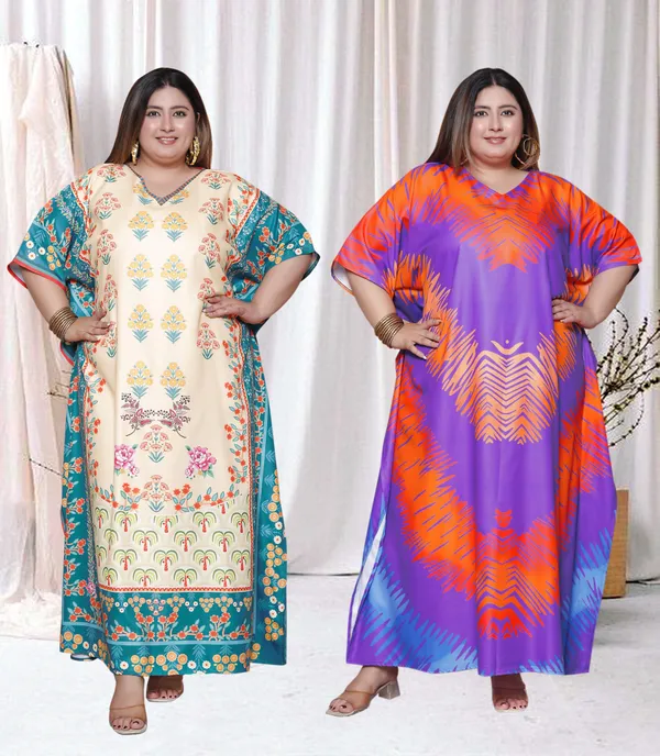 (Pack_of_2)Multicolor_(Cotton-Satin)_Flared_Sleeves_Kaftan_V-Neck_Maxi_Ethnic_Dresses