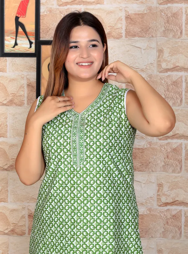 Green_Pure_Cotton_Knee_Length_Printed_V-Neck_Sleeveless_Nightdress
