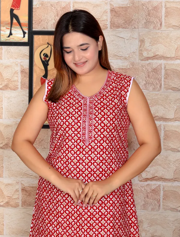 Red_Pure_Cotton_Knee_Length_Printed_V-Neck_Sleeveless_Nightdress