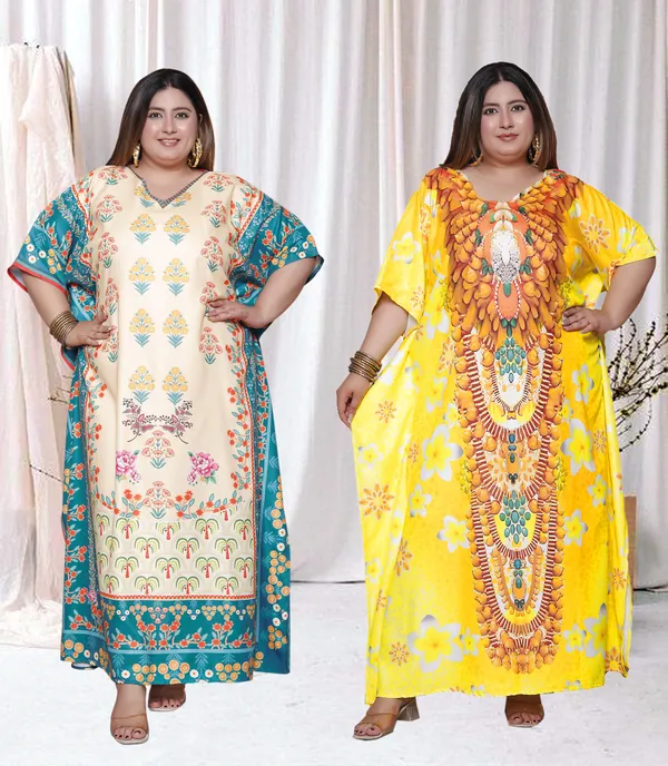 (Pack_of_2)Multicolor_(Cotton-Satin)_Flared_Sleeves_Kaftan_V-Neck_Maxi_Ethnic_Dresses
