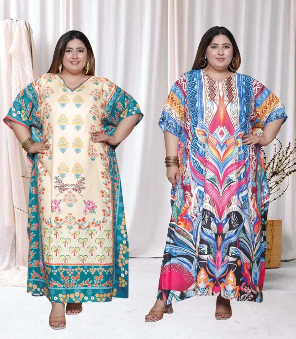 (Pack_of_2)Multicolor_(Cotton-Satin)_Flared_Sleeves_Kaftan_V-Neck_Maxi_Ethnic_Dresses