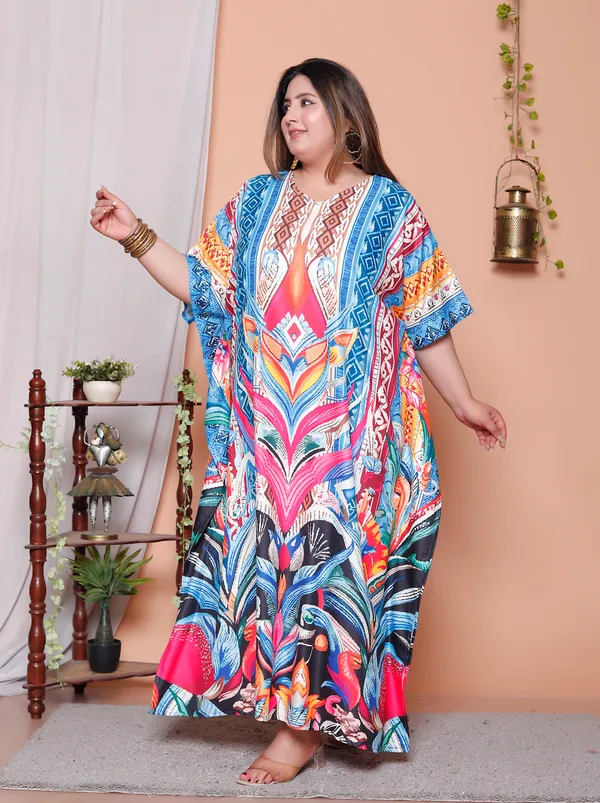 (Pack_of_2)Multicolor_(Cotton-Satin)_Flared_Sleeves_Kaftan_V-Neck_Maxi_Ethnic_Dresses