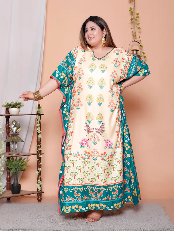 (Pack_of_2)Multicolor_(Cotton-Satin)_Flared_Sleeves_Kaftan_V-Neck_Maxi_Ethnic_Dresses