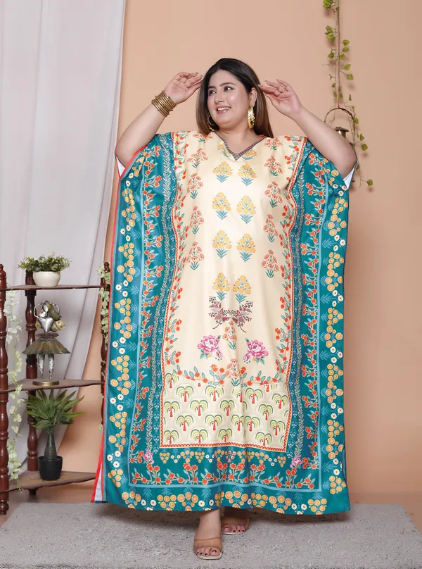 (Pack_of_2)Multicolor_(Cotton-Satin)_Flared_Sleeves_Kaftan_V-Neck_Maxi_Ethnic_Dresses