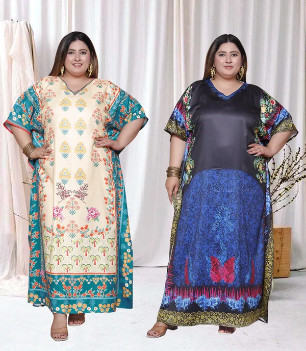 (Pack_of_2)Multicolor_(Cotton-Satin)_Flared_Sleeves_Kaftan_V-Neck_Maxi_Ethnic_Dresses