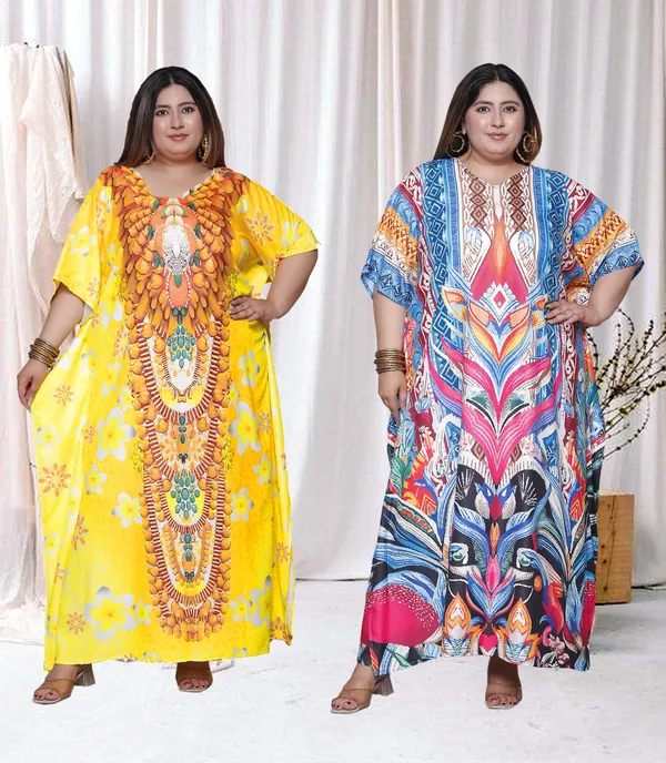 (Pack_of_2)Multicolor_(Cotton-Satin)_Flared_Sleeves_Kaftan_V-Neck_Maxi_Ethnic_Dresses