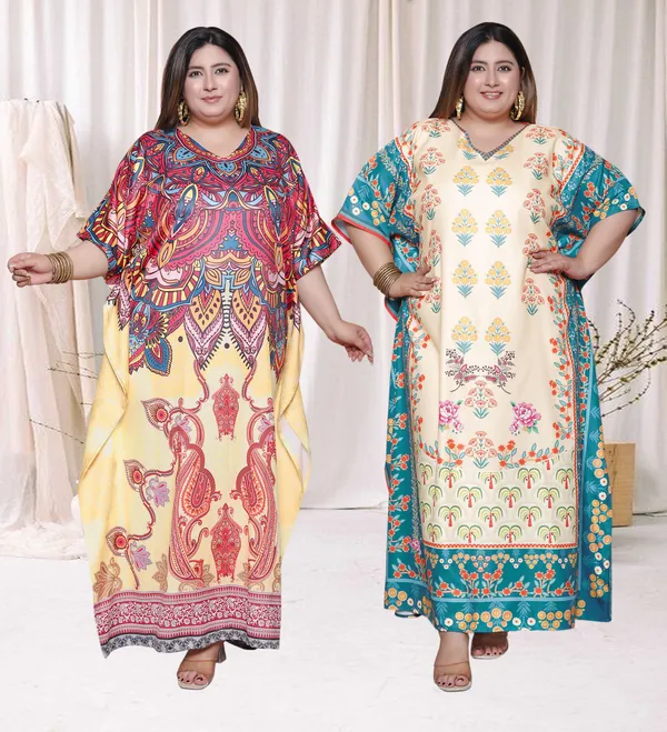 (Pack_of_2)Multicolor_(Cotton-Satin)_Flared_Sleeves_Kaftan_V-Neck_Maxi_Ethnic_Dresses