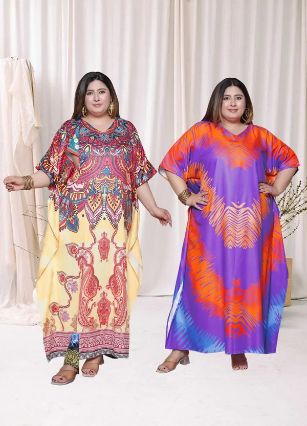 (Pack_of_2)Multicolor_(Cotton-Satin)_Flared_Sleeves_Kaftan_V-Neck_Maxi_Ethnic_Dresses