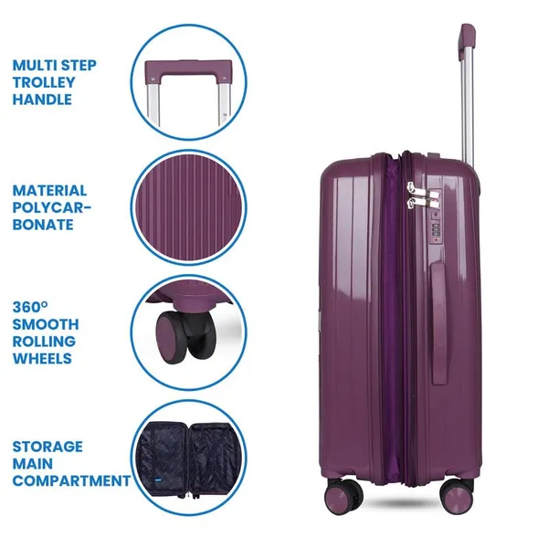 Polo_Class_3Pc_Set_Trolley_(20/24/28_inch)_with_Vanity_|_Polypropylene_Material_|_360-Degree_Rotating_Wheels_Purple