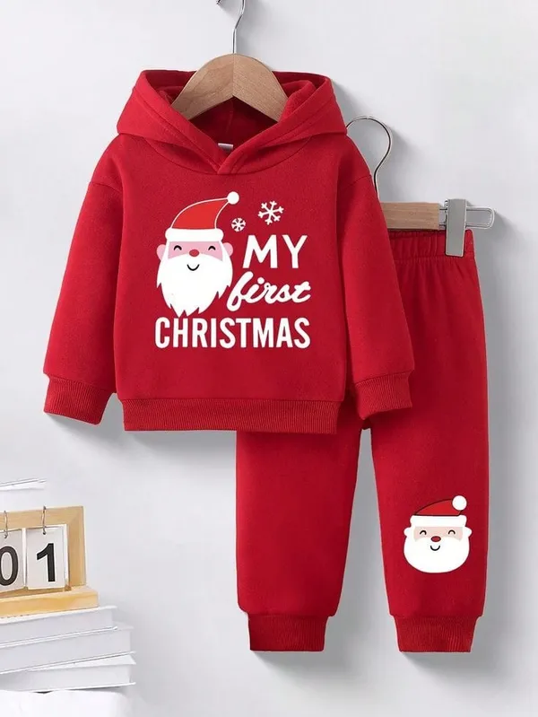 First_crismas_Printed_Red_Color_Hood_T-shirt_and_bottom_set_For_Baby_Girls_&_Boys