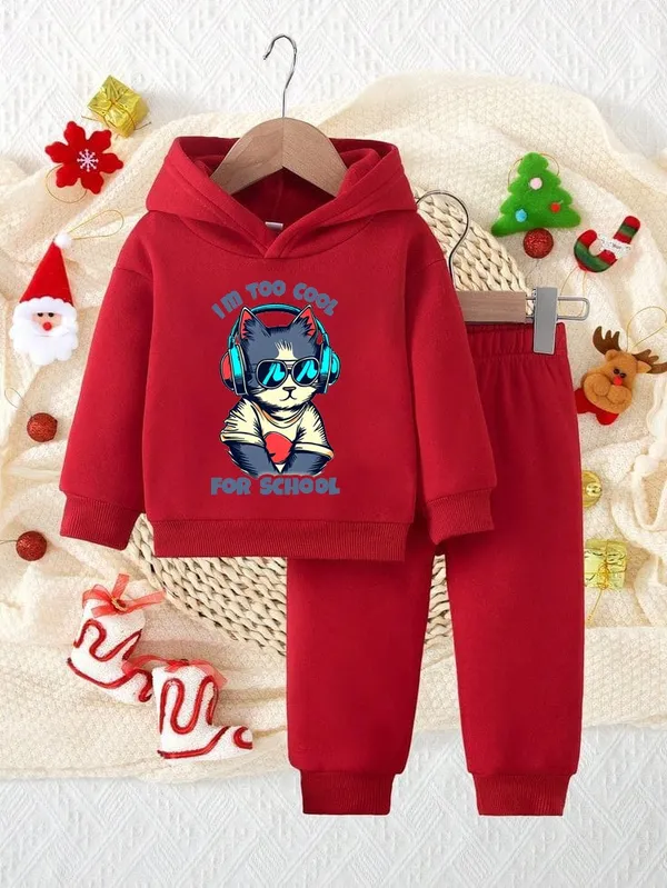 To_Cool_Printed_Red_Color_Hood_T-shirt_and_bottom_set_For_Baby_Girls_&_Boys
