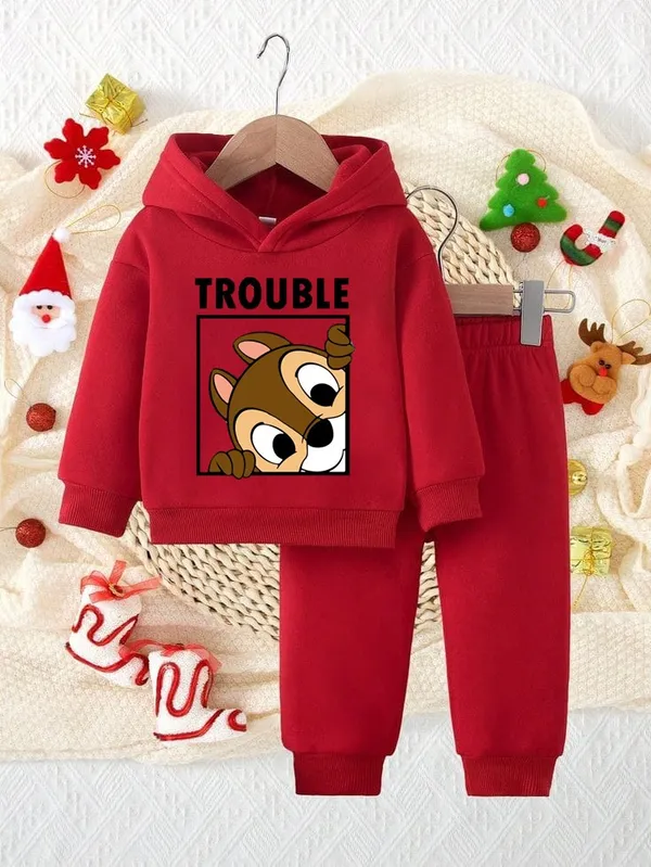Trouble_Printed_Red_Color_Hood_T-shirt_and_bottom_set_For_Baby_Girls_&_Boys