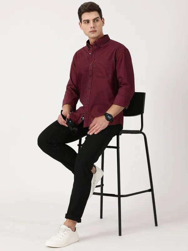 Reddish_Maroon_Cotton_Solid_Oxford_Shirt_For_Men