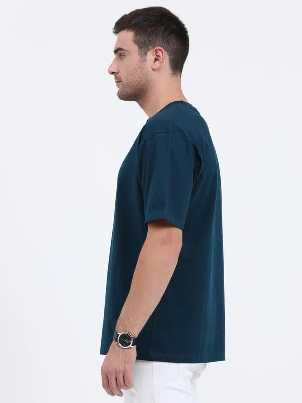 Petrol_Blue_Cotton_Drop_Shoulder_Oversized_T_Shirt_For_Men