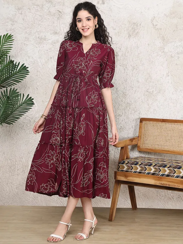 Maroon_Rayon_Printed_Short_Sleeves_Maternity_Gown_For_Women