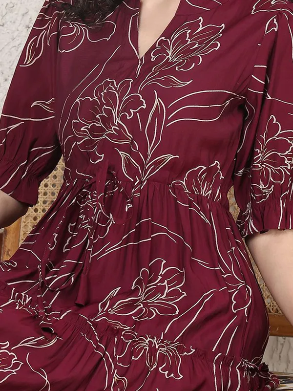Maroon_Rayon_Printed_Short_Sleeves_Maternity_Gown_For_Women