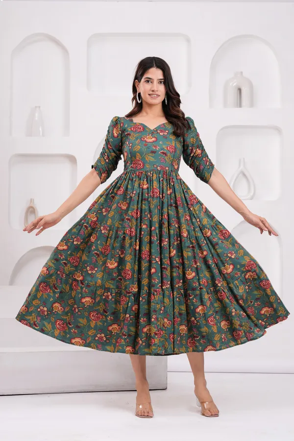 Green_Cotton_Printed_Short_Sleeves_Maternity_Gown_For_Women