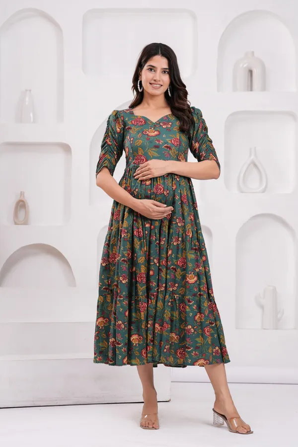 Green_Cotton_Printed_Short_Sleeves_Maternity_Gown_For_Women
