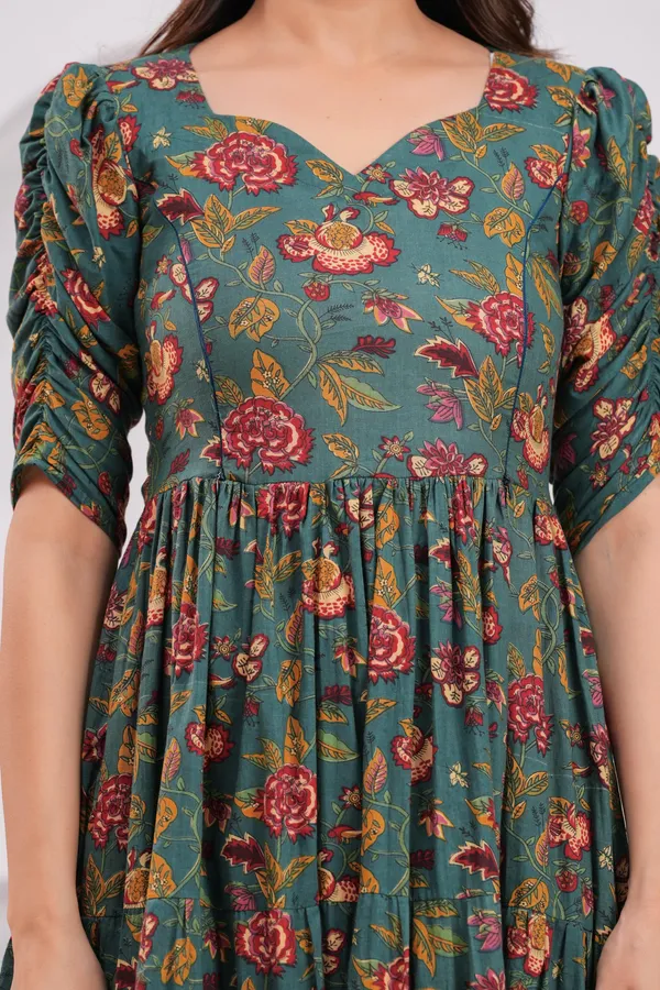 Green_Cotton_Printed_Short_Sleeves_Maternity_Gown_For_Women