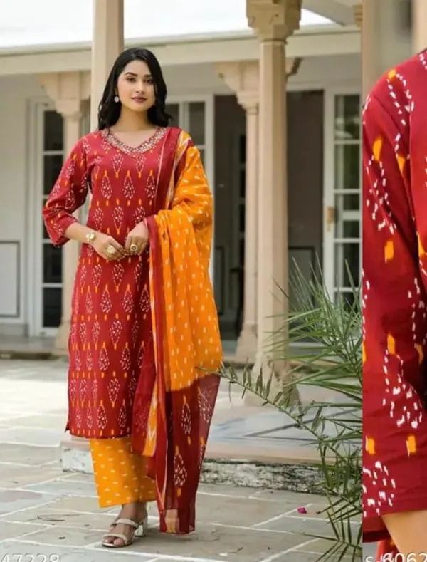 Designer_Ikkat_Print_With_Kurta_Pant_And_Dupatta_Set_For_Women_And_Girl