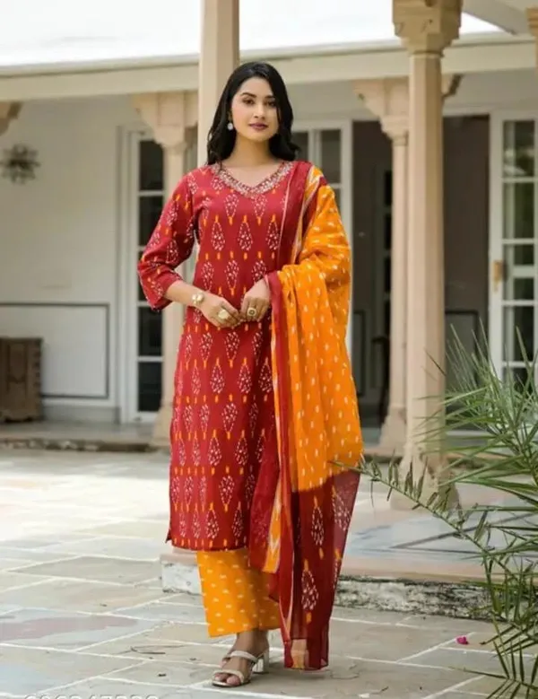 Designer_Ikkat_Print_With_Kurta_Pant_And_Dupatta_Set_For_Women_And_Girl
