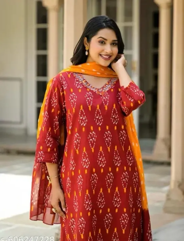 Designer_Ikkat_Print_With_Kurta_Pant_And_Dupatta_Set_For_Women_And_Girl