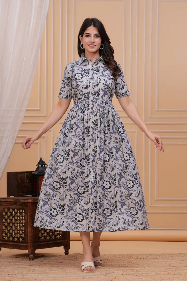 Grey_Cotton_Printed_Short_Sleeves_Maternity_Gown_For_Women