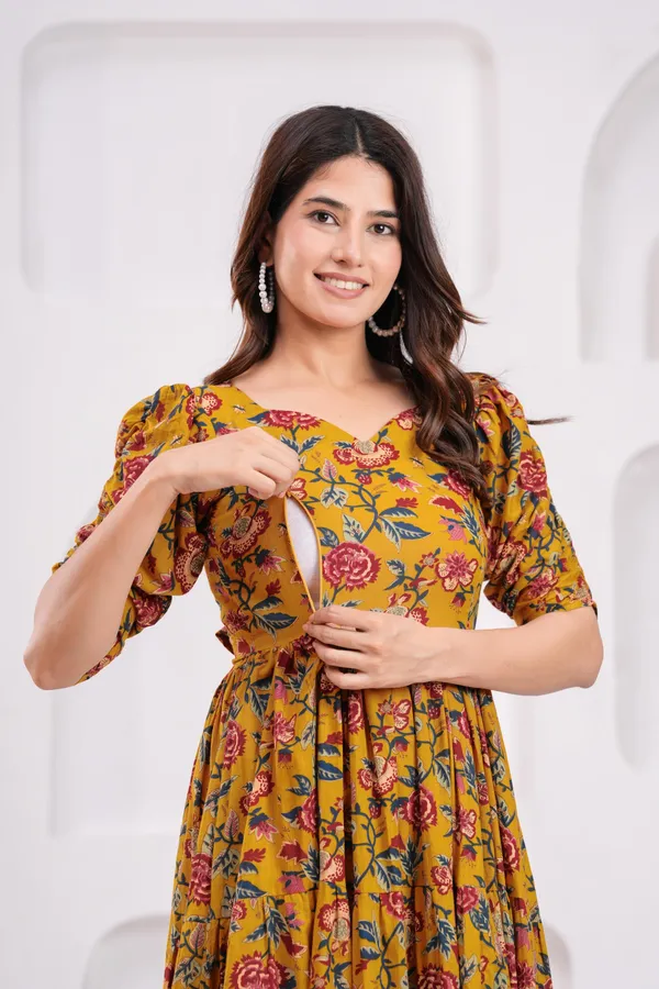 Mustard_Cotton_Printed_Short_Sleeves_Maternity_Gown_For_Women