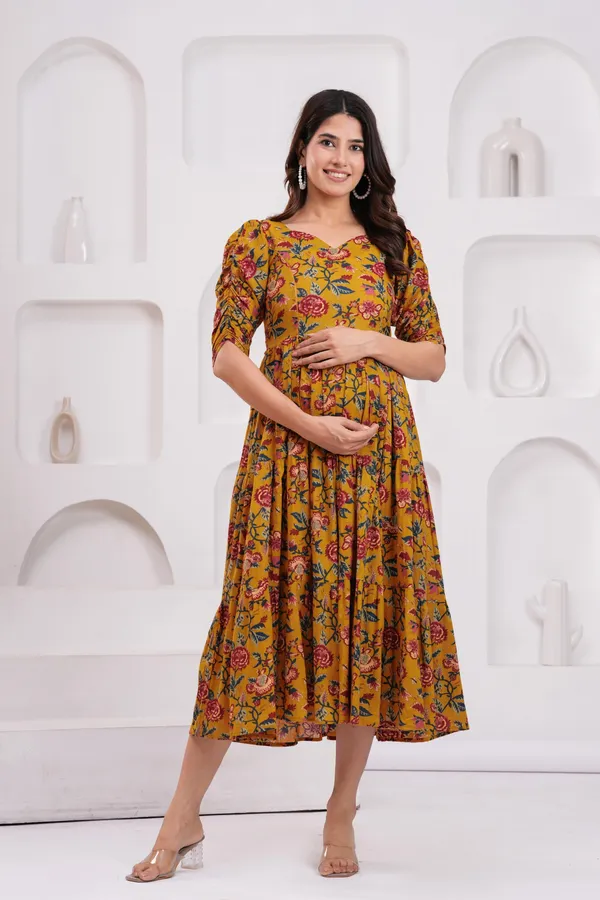 Mustard_Cotton_Printed_Short_Sleeves_Maternity_Gown_For_Women
