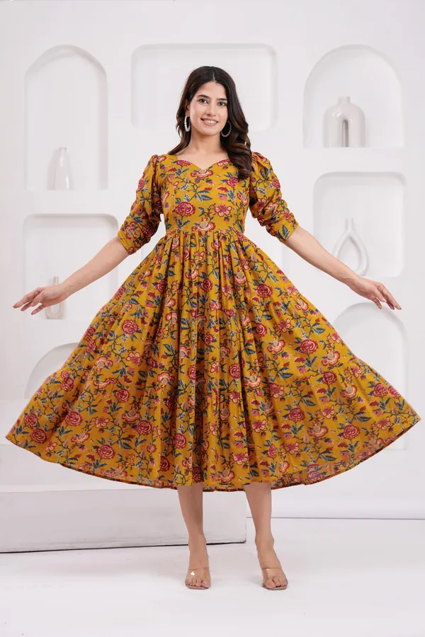 Mustard_Cotton_Printed_Short_Sleeves_Maternity_Gown_For_Women